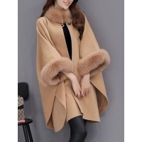 Faux Fur Detail Hidden Button Loose Plain Cape
