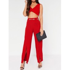 Buckle Chain Decorated Slit Plain Women's Casual Pants