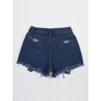 Denim Floral Embroidery Slim Fit Women's Shorts