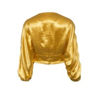 Crop Notch-V Ruffles Long Sleeve Blouse