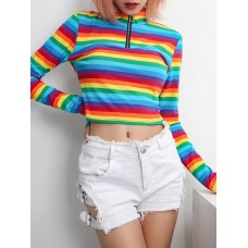 Rainbow Pattern High Zipper V-Neck T-shirt Rainbow Pattern High Zipper V-Neck T-shirt