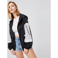 Black And White Zipper Long Sleeve Women's Jacket