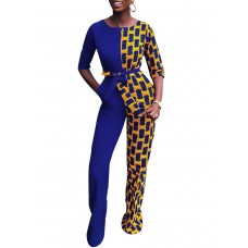 Casual Print Color Block Lace-Up Pocket Jumpsuit