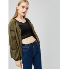 Army Green Zipper Round Neck Women's Jacket