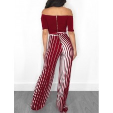 High-Waist Stripe Print Backless Lace-Up Jumpsuit