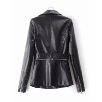 Belt Notched Lapel Zipper Pocket Women's PU Jacket