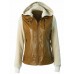 PU Patchwork Hooded Zipper Up Women's Jacket
